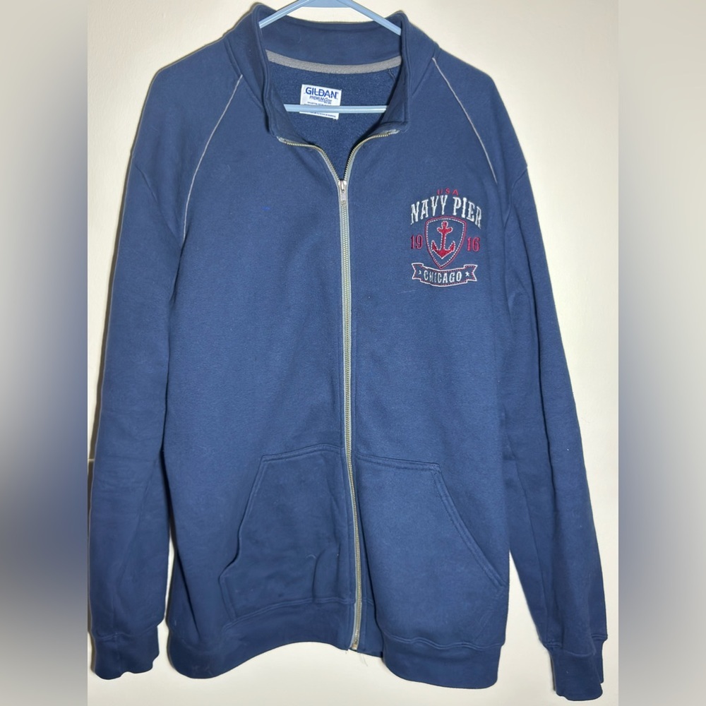 1916 Navy Pier Chicago Navy blue Bomber zip up sweater.